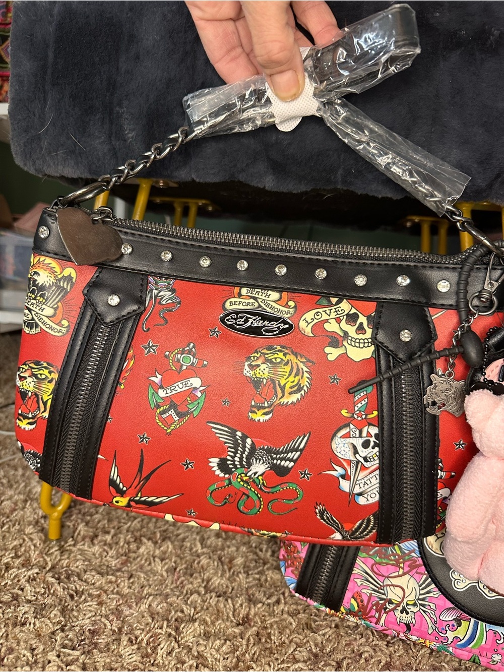 Ed Hardy Red Tattoo-Print Shoulder Bag with Black Trim